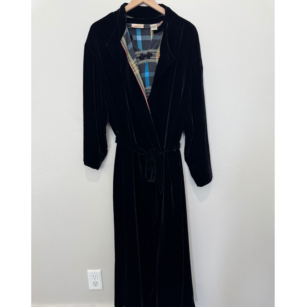 Judith Hart Silk Nightgown and Velvet Robe Set XL Black Plaid Vintage Sleepwear